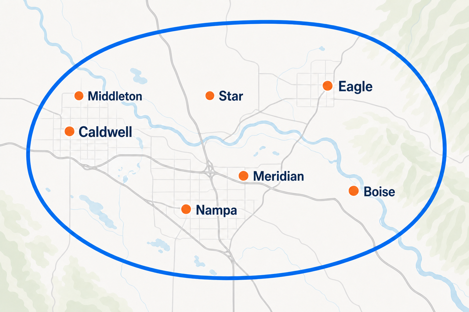 Illustrated Treasure Valley service area map with Boise, Caldwell, Eagle, Meridian, Middleton, Nampa and Star inside a blue boundary